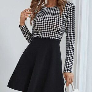 New Houndstooth Fitted And Flare Long sleeves mini Dress